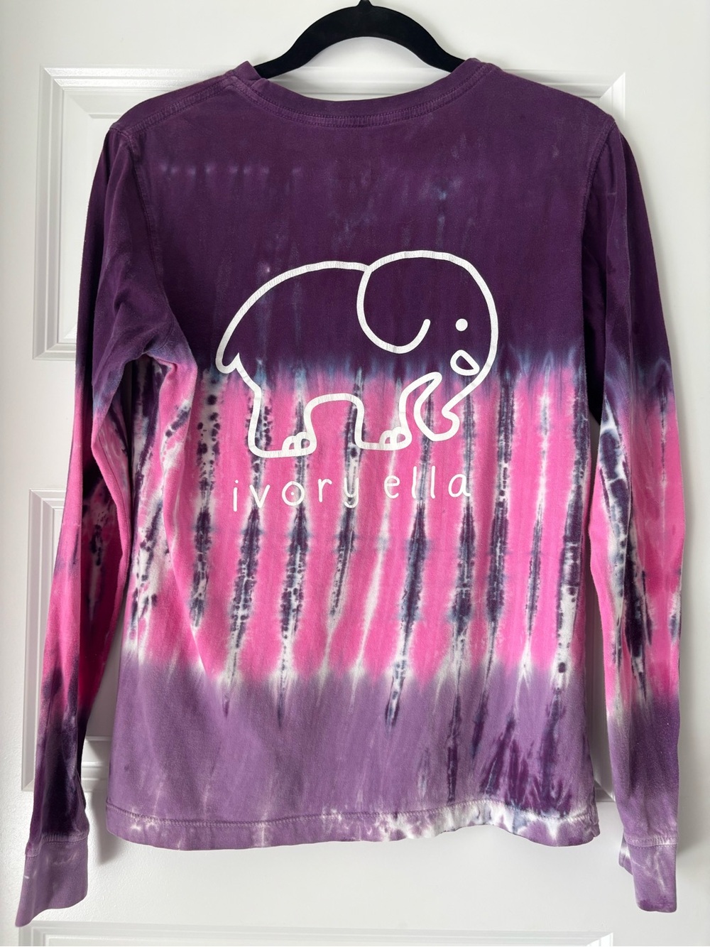 Pink Purple Tie Dye Ivory Ella Crewneck Organic Cotton Long Sleeve T-shirt, XS